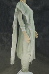 Pastel Green 3-Piece Chiffon Kurti Set with Stone Work, Elastic Pant & Embroidered Dupatta for Women