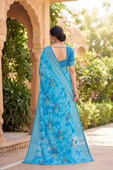 Sky Blue Chiffon Saree with Tie-Dye Print and Star Motifs, Shimmering Striped Border with Blouse