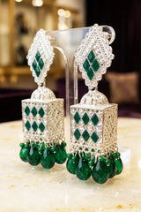 Oxidised Silver-Tone Jhumka Earrings with Green Stones and Bead Danglers for Festive Traditional Wear