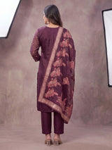 Purple Jacquard Bead Work Kurti Pant Set with Elastic & Dupatta for Women