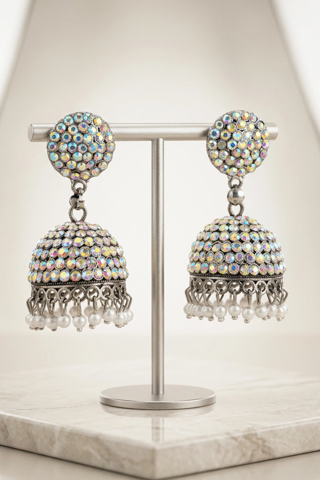 Oxidized Silver Jhumka Earrings with White Stone Round Stud and Pearl Drop Dangles