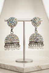Oxidized Silver Jhumka Earrings with White Stone Round Stud and Pearl Drop Dangles