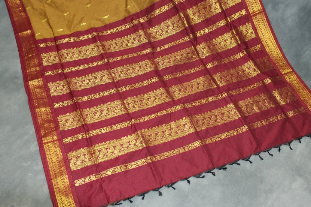 Silk Cotton Brown Saree with Maroon Grand Pallu and Thick Zari Border