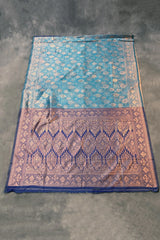 Teal Soft Silk Floral Designer Saree with Blouse, Woven Floral Motifs and Contrast Border
