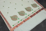 Pure Kerala Cotton White Saree with Copper Zari Peacock & Floral Embroidery