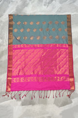 Soft Silk Saree in Grey with Contrast Pink Border, Gold Zari Buttas & Traditional Floral Weave