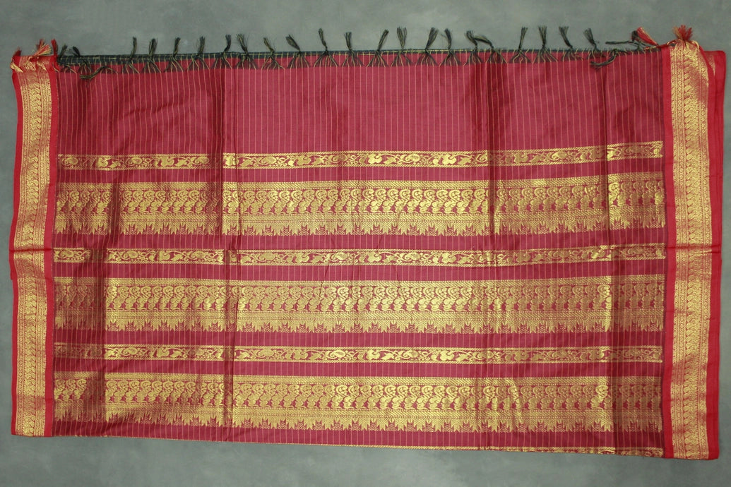 Black Kalyani Cotton Saree with Zari Checked and Peacock Border, Includes Blouse