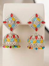Silver Oxidized Multicolor Jhumka Earrings with Square Stud Top & Bead Drops for Traditional Festive Wear