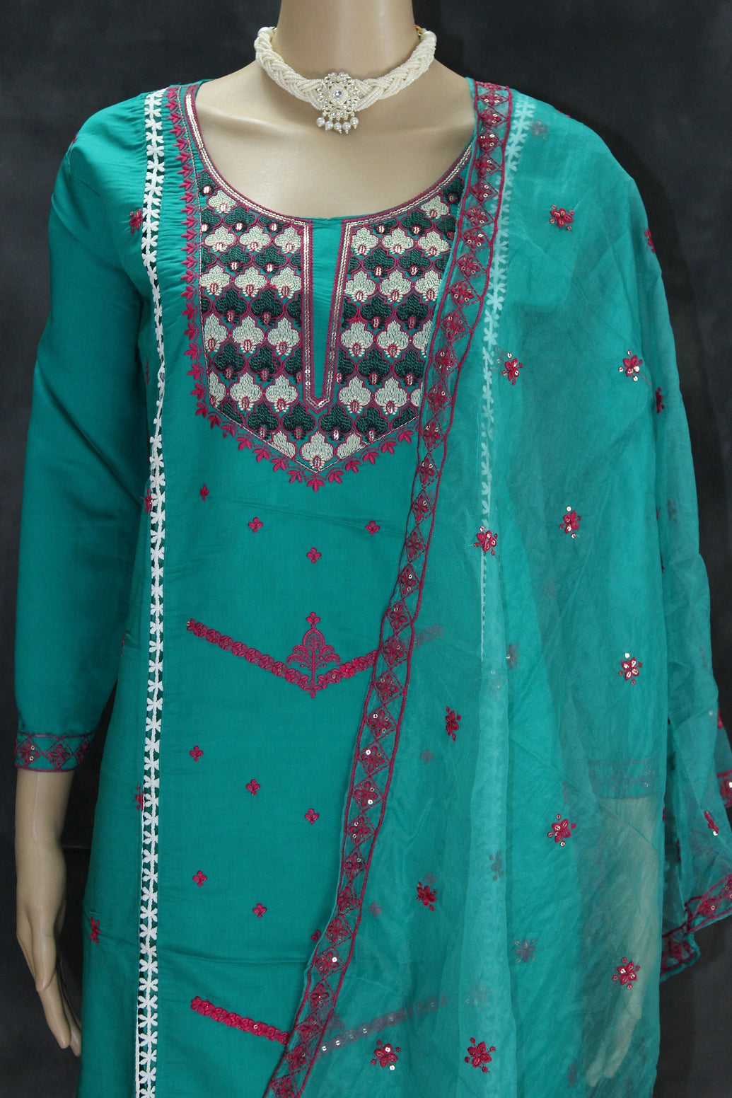 Roman Silk Embroidered 3-Piece Kurti Set with Organza Dupatta in Jungle Green - Traditional Indian Wear Kurti JCS Fashions