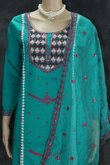 Roman Silk Embroidered 3-Piece Kurti Set with Organza Dupatta in Jungle Green - Traditional Indian Wear Kurti JCS Fashions