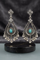 Oxidized Silver Blue Stone Drop Earrings with Beaded Dangles and Tiny Charms for Women