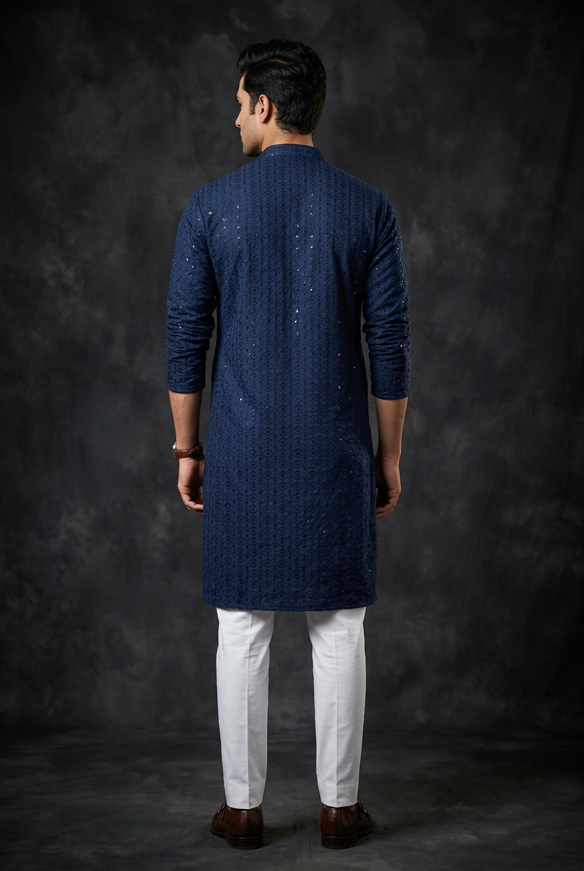Navy Men's Lakhnavi Kurta: Embroidered Ethnic