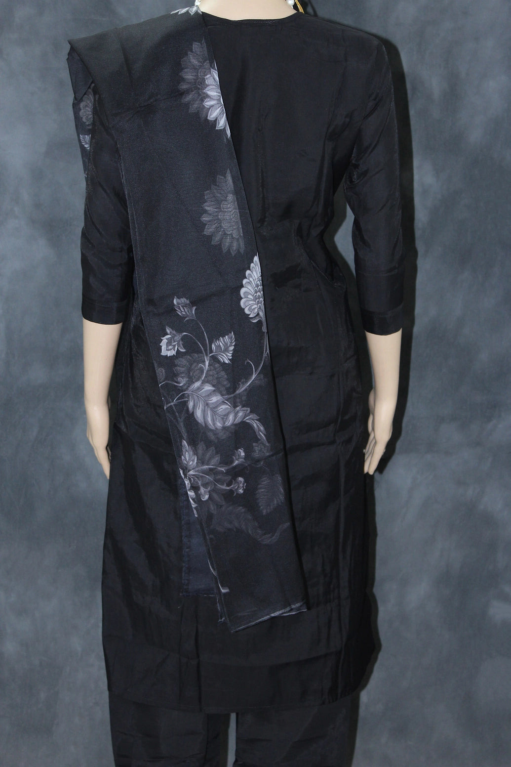 Black Silk 3-Piece Pakistani Salwar Suit with Embroidered V-Neck and Organza Dupatta