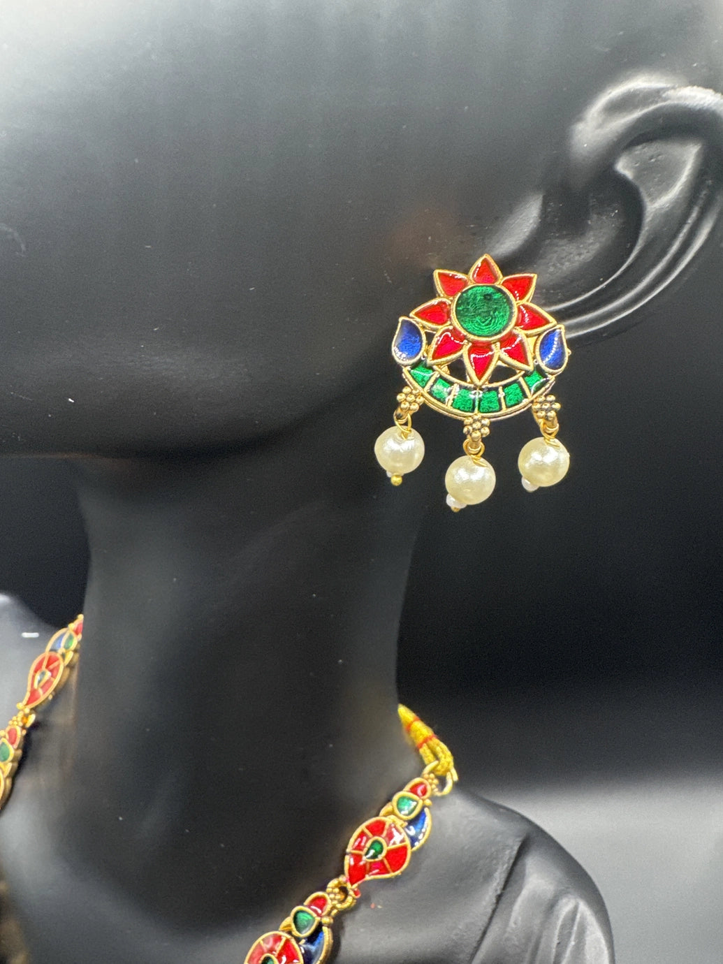 Gold-Tone Multicolour Peacock Necklace Set with Pearl Drops and Matching Earrings Jewelry JCS Fashions