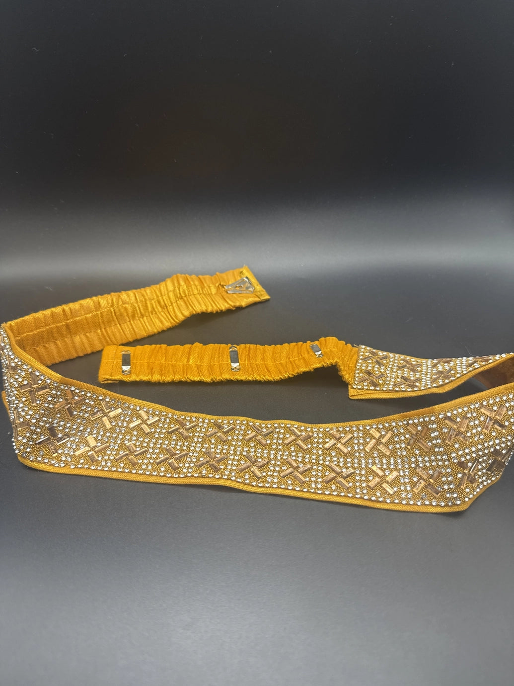 Gold-Tone Crystal Embellished Hip Belt with Elastic Back and Multiple Hook Closures for Traditional Ethnic Wear Jewelry JCS Fashions