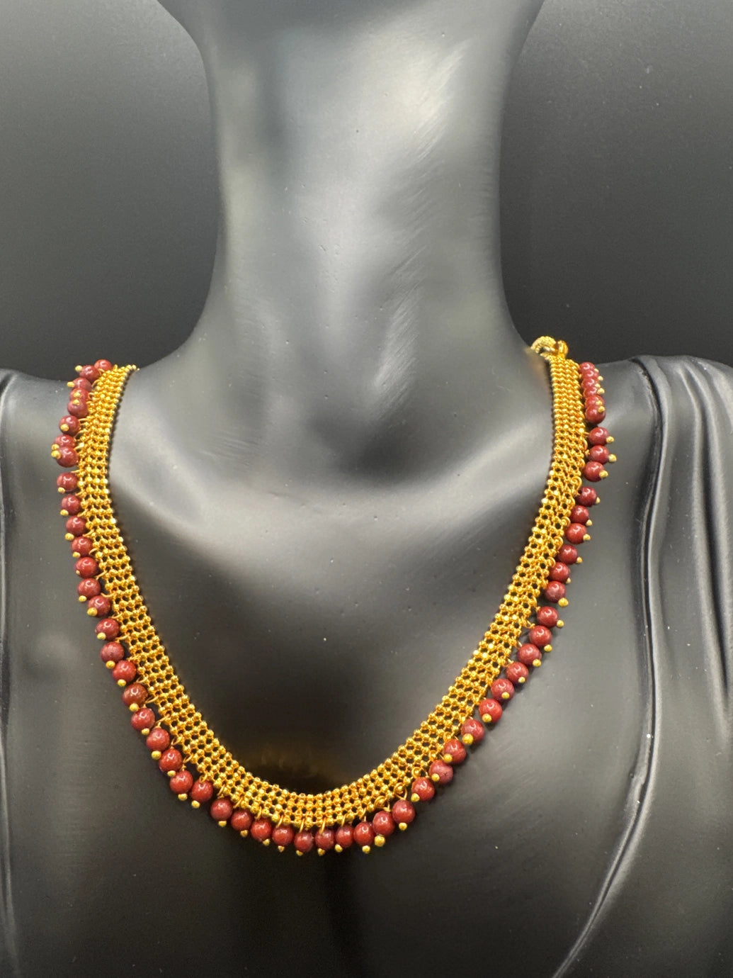 Gold-Tone Maroon Bead Necklace Set with Matching Stud Earrings, Lightweight Traditional Indian Fashion Jewellery Jewelry JCS Fashions