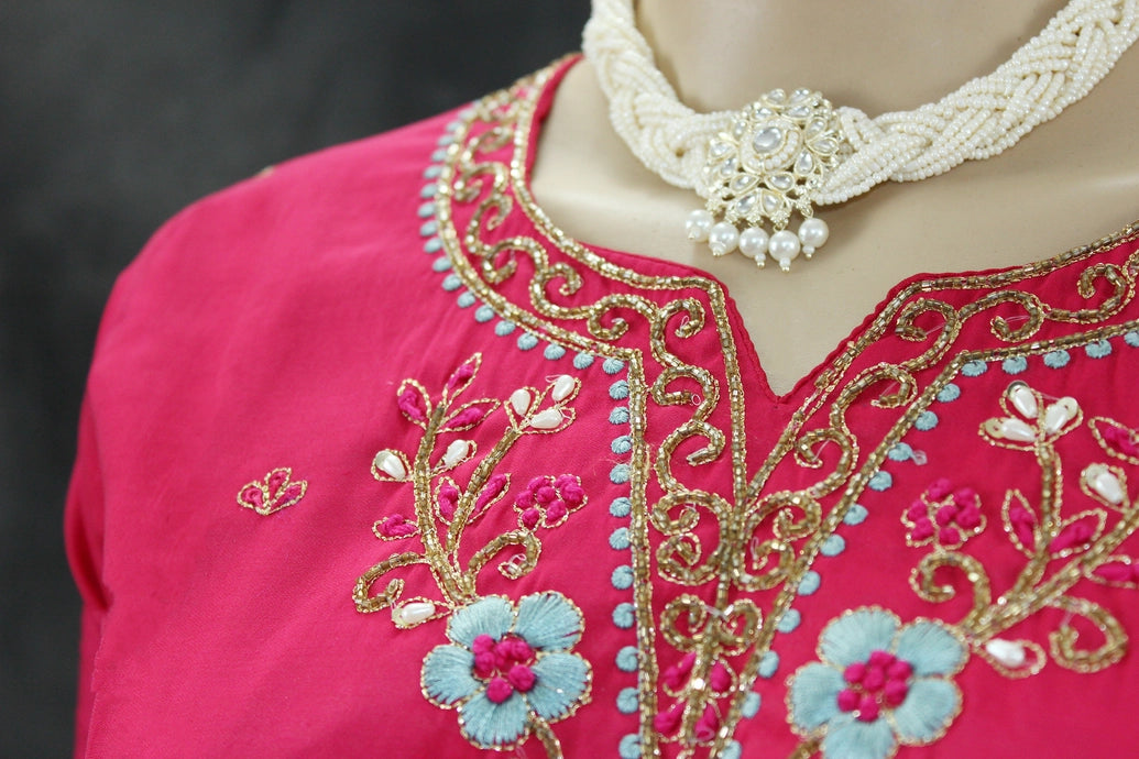 Deep Pink Aari Pearl Embroidered Kurti Pant & Dupatta 3-Piece Set for Women