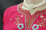 Deep Pink Aari Pearl Embroidered Kurti Pant & Dupatta 3-Piece Set for Women