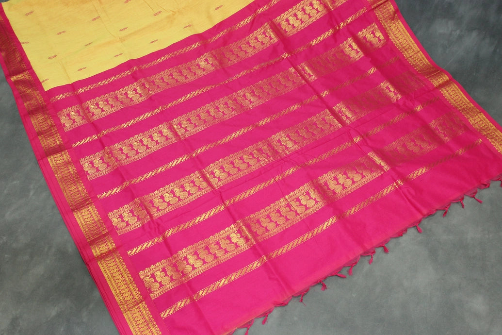 Yellow Silk Cotton Saree with Magenta Grand Pallu and Thick Gold Zari Border Saree JCS Fashions