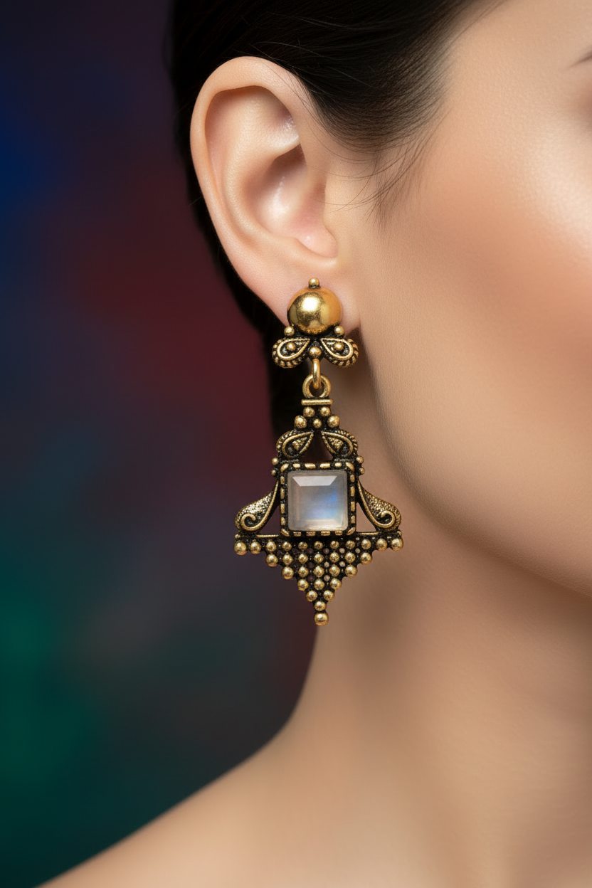 Antique Gold-Tone Dangling Ethnic Earrings with Grey Stone — Ornate Square Frame, 2.4 inch