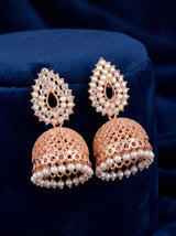 Rose Gold Jhumka Earrings with Multi-Color Stones and White Pearl Bead Drops for Traditional Wear