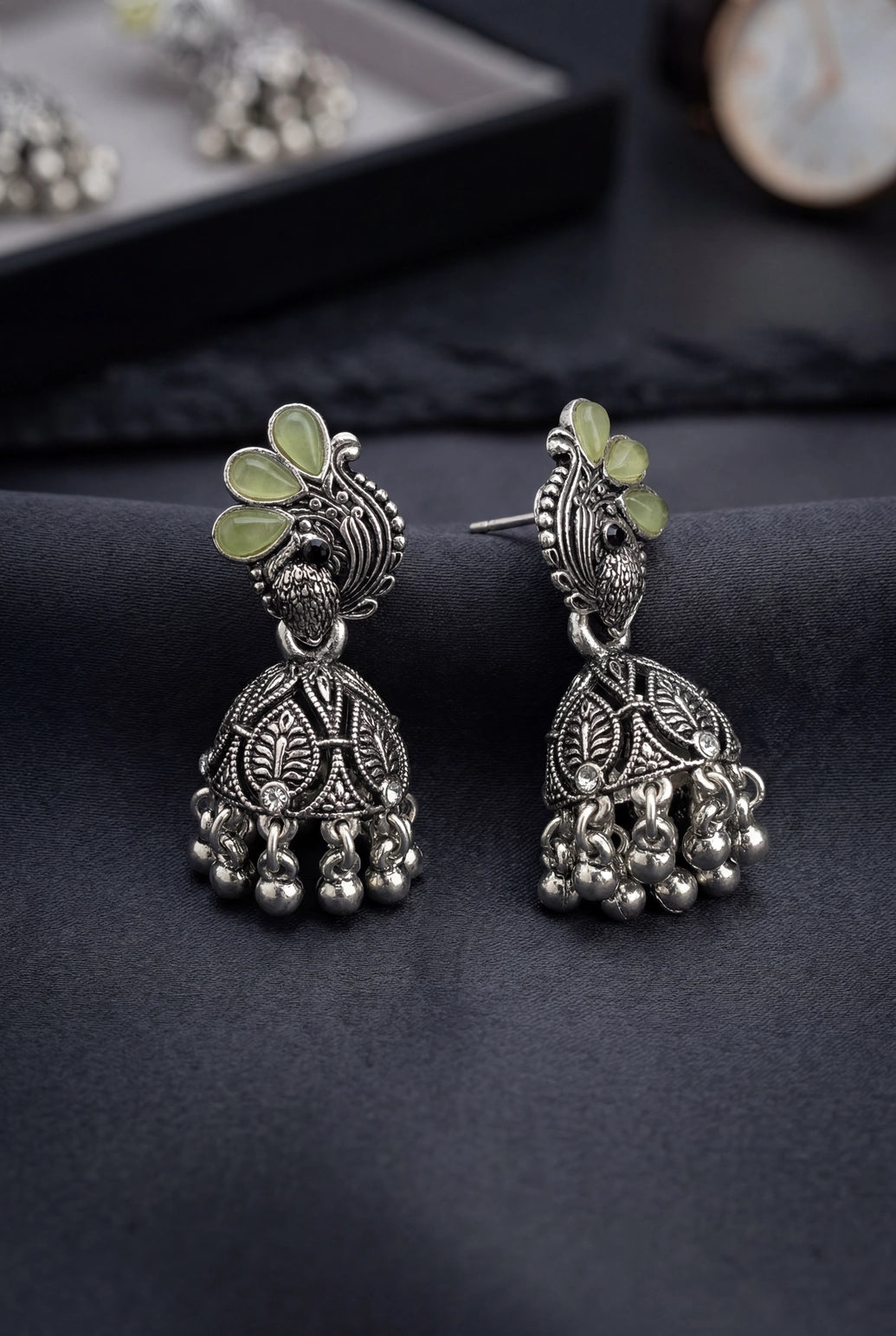 Lemon Yellow Leaf Jhumka Oxidized Silver-Tone Fashion Earrings with Ghungroo Dangles