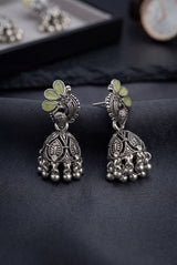 Lemon Yellow Leaf Jhumka Oxidized Silver-Tone Fashion Earrings with Ghungroo Dangles