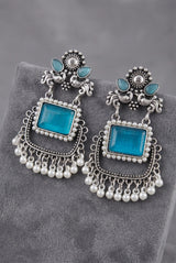 Sea Blue Oxidized Silver-Tone Teardrop Drop Earrings with Floral Motifs, Pearl Beads and Dangler Stone