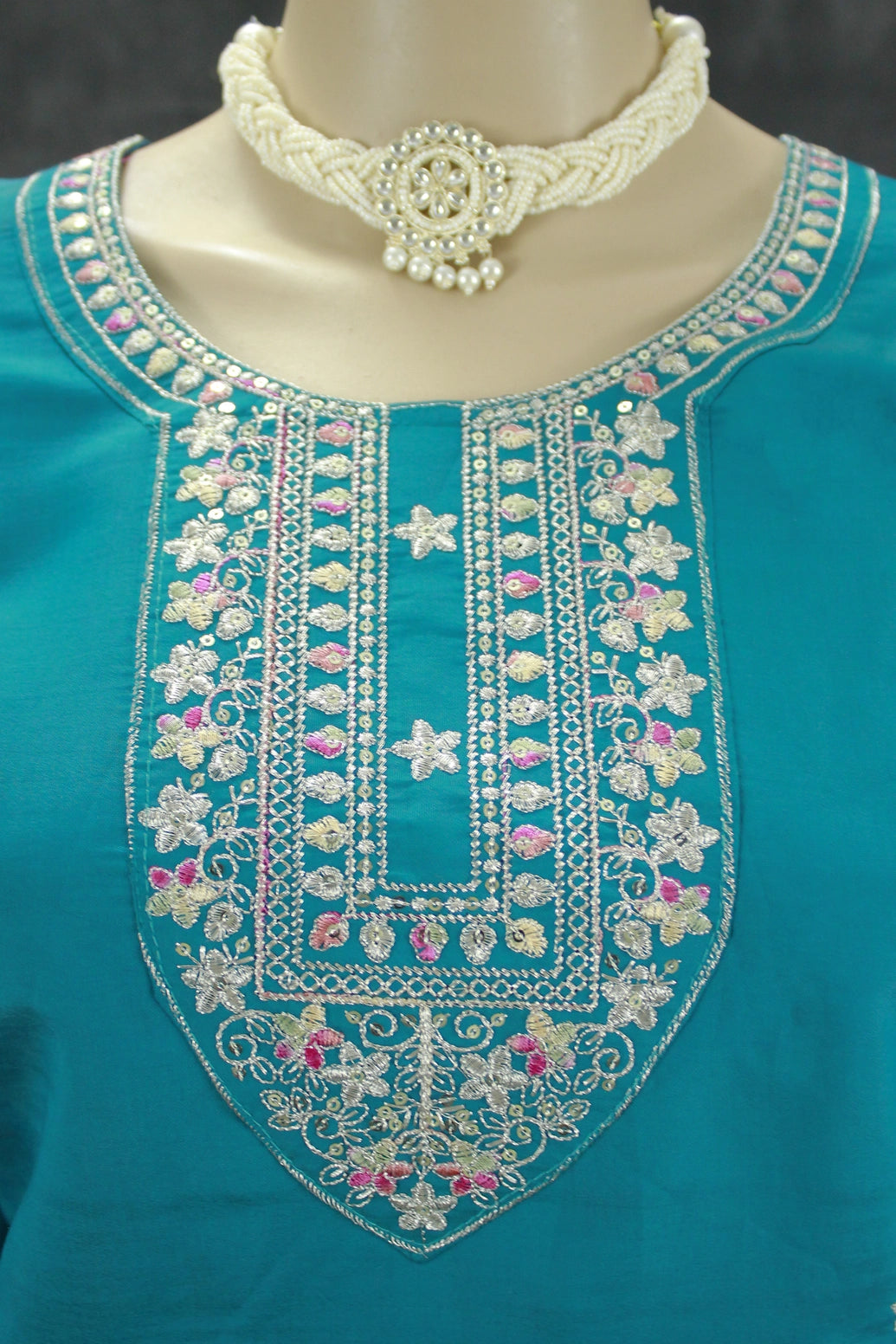 Elegant Teal Roman Silk 3 Piece Set with Digital Dupatta