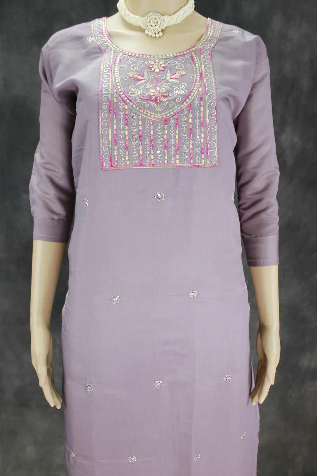 Purple Roman Silk 3-Piece Kurti Set with Elastic Pant and Organza Digital Dupatta