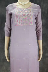 Purple Roman Silk 3-Piece Kurti Set with Elastic Pant and Organza Digital Dupatta