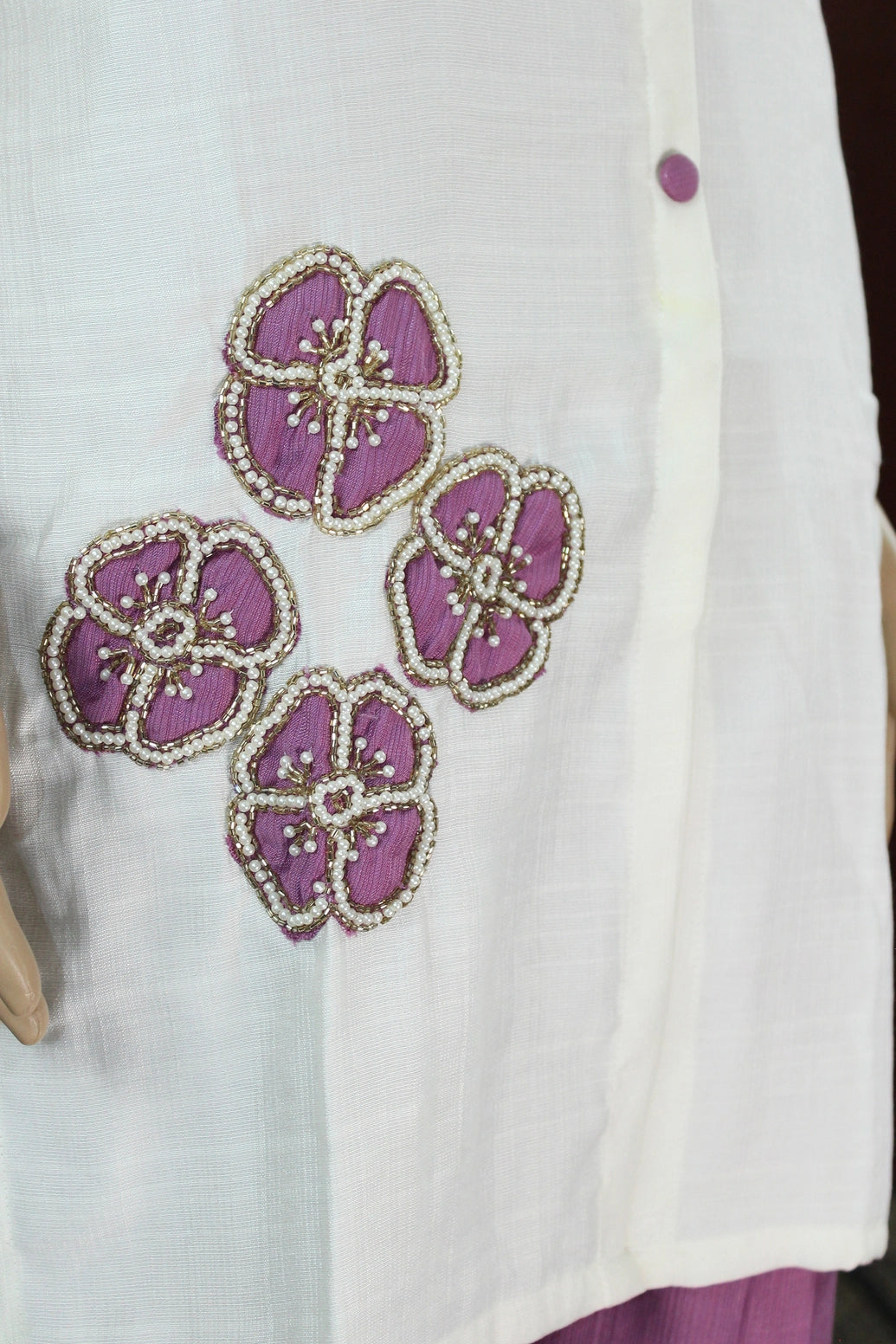 White & Lavender Cotton-Rayon Embroidered Aari Work Kurti Set with Straight Pants - Collar Neck, 3/4 Sleeve Kurti JCS Fashions