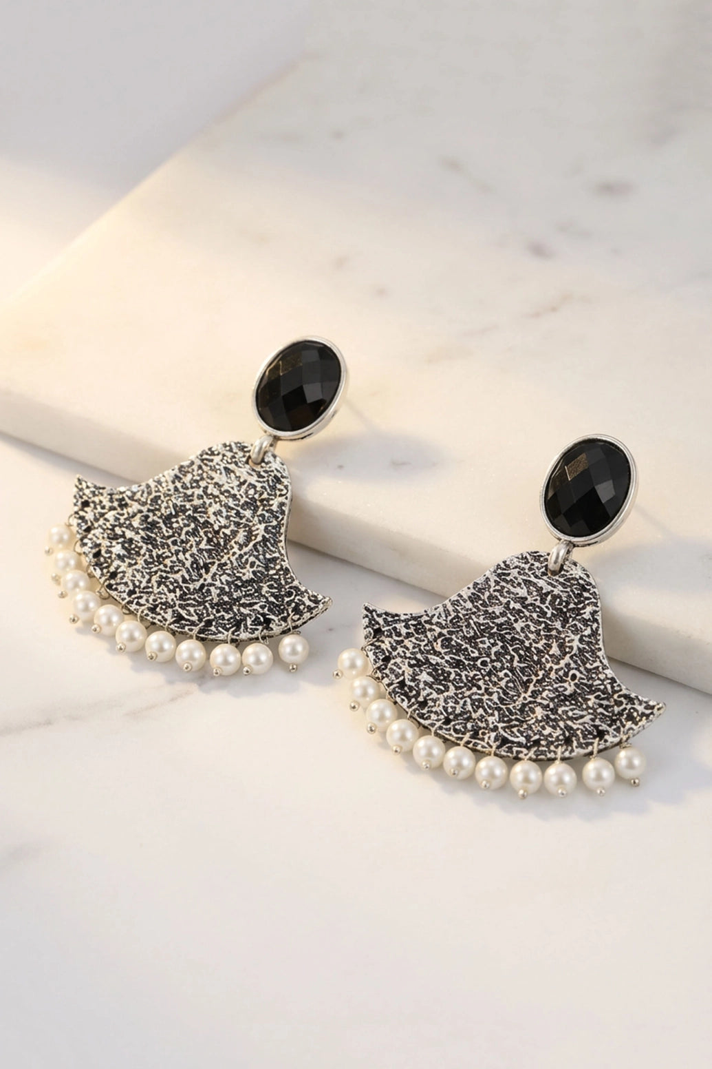 Black Textured Triangle Stone Drop Earrings for Women, Silver-Tone Party Festive Wear Fashion Jewellery
