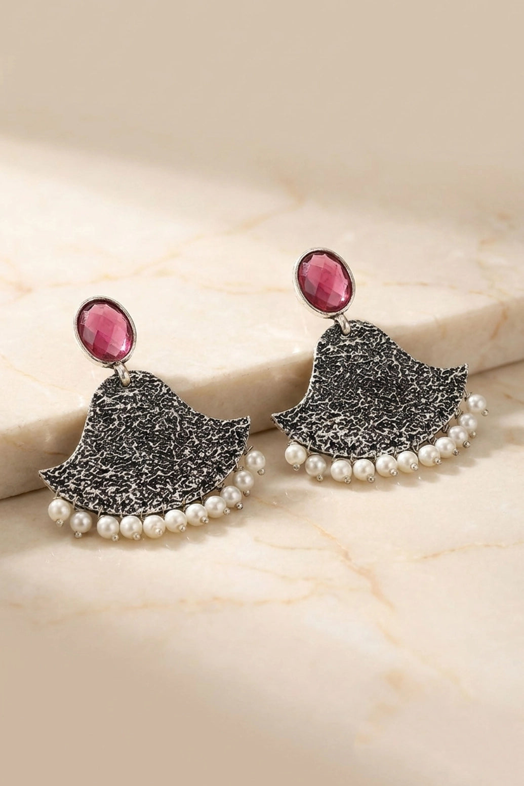 Purple Stone Textured Teardrop Jhumka Style Silver-Toned Fashion Earrings for Festive Party Wear