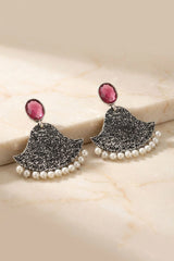 Purple Stone Textured Teardrop Jhumka Style Silver-Toned Fashion Earrings for Festive Party Wear