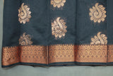Black Silk Cotton Saree with Zari Floral Border and Blouse Piece, Traditional Wedding Festive Wear