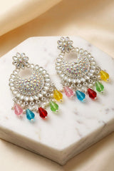 Multicolor Stone Floral Stud Dangler Hoop Earrings, Silver-Tone Fashion Jewellery for Women