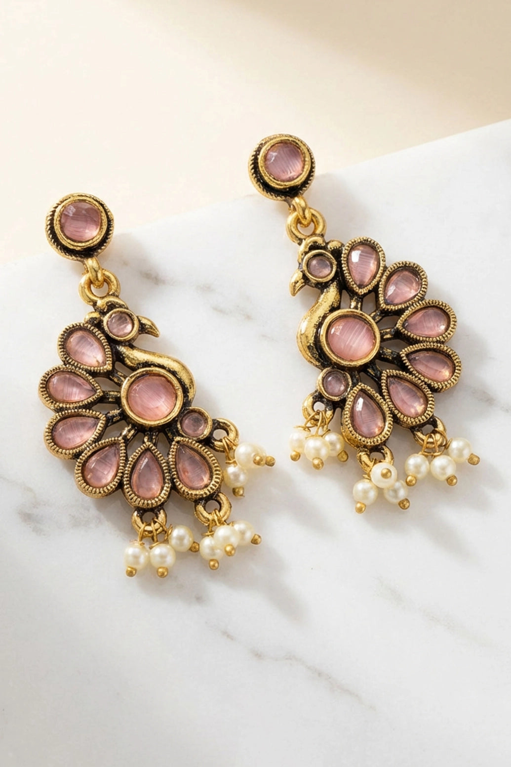 Sona Novelty Light Pink Pearl Dangler Earrings, Antique Gold-Tone Stud Style With Hanging Beads, Traditional Wear