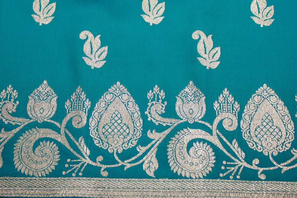Rama Blue Banarasi Soft Silk Saree with Zari Floral & Mango Motifs and Traditional Border for Women
