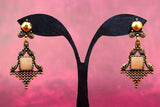 Antique Gold-Tone Dangling Ethnic Earrings with Cream Square Stone, Ornate Vintage Frame — 2.4 inch Drop Jewelry JCS Fashions