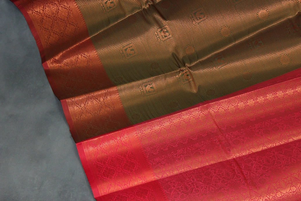 Bridal Kubera Pattu Saree with Full Zari Work and Rich Border - Olive Green Cotton