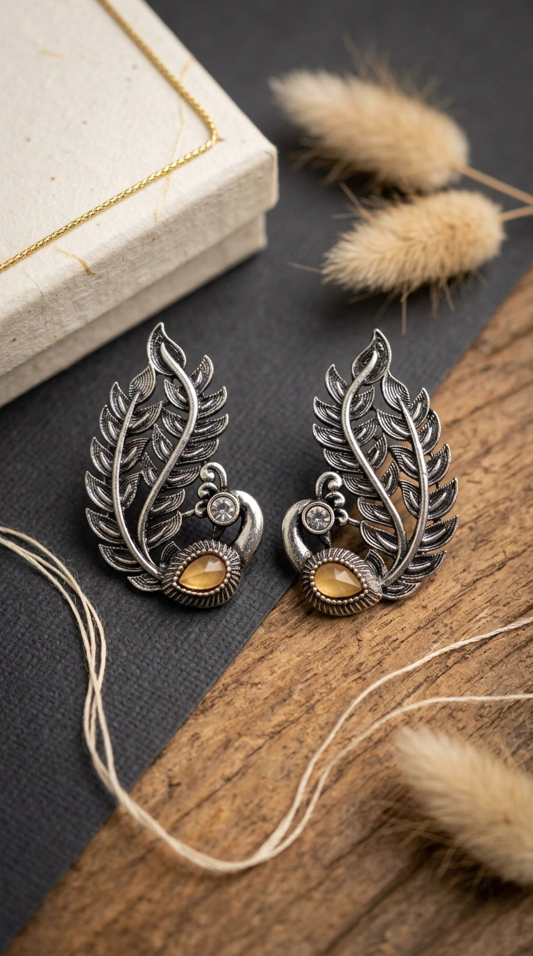 Oxidized Gold-Tone Peacock Ear Cuff Earrings with Teardrop Amber Stone for Traditional Wear