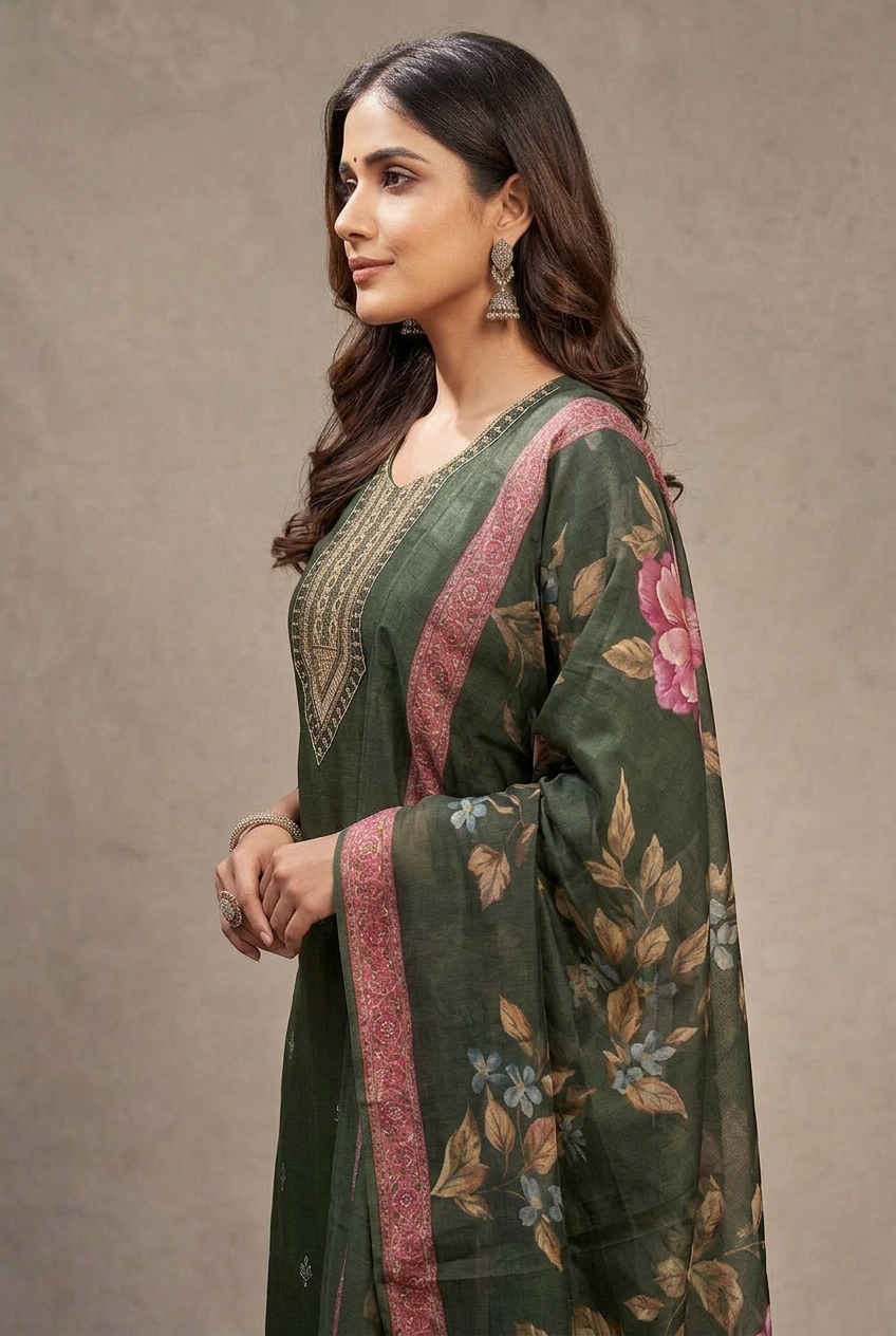 Green Roman Silk Kurta Set with Digital Organza Dupatta and Zari-Sequence Neckline Detail (3-Piece)