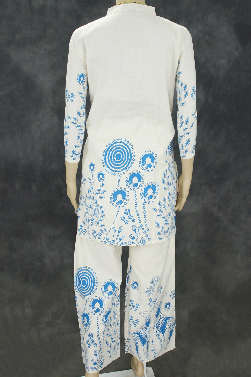 Cream Khadi Rayon Floral Mandarin Collar Kurti with Elastic Waist Pant Co-ord Set (2 pcs)