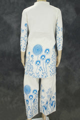Cream Khadi Rayon Floral Mandarin Collar Kurti with Elastic Waist Pant Co-ord Set (2 pcs)