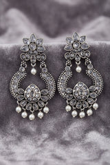 Grey Oxidized Silver-Tone Floral Teardrop Stone Drop Earrings with Pearl Beads, Fashion Jewellery for Women