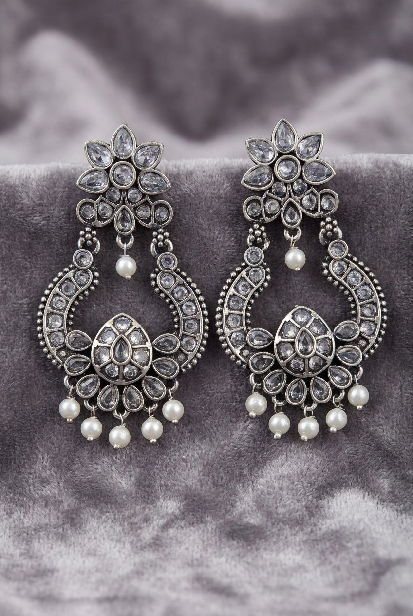 Grey Oxidized Silver-Tone Floral Teardrop Stone Drop Earrings with Pearl Beads, Fashion Jewellery for Women