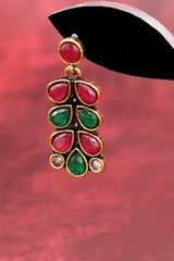 Maroon & Red Gold-Tone Teardrop Leaf Earrings with Antique Finish for Festive Wear Jewelry JCS Fashions