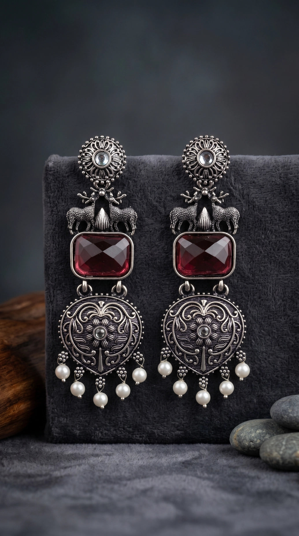Purple Stone Dangle Earrings in Silver-Tone Triangular Textured Ethnic Design for Festive Party Wear
