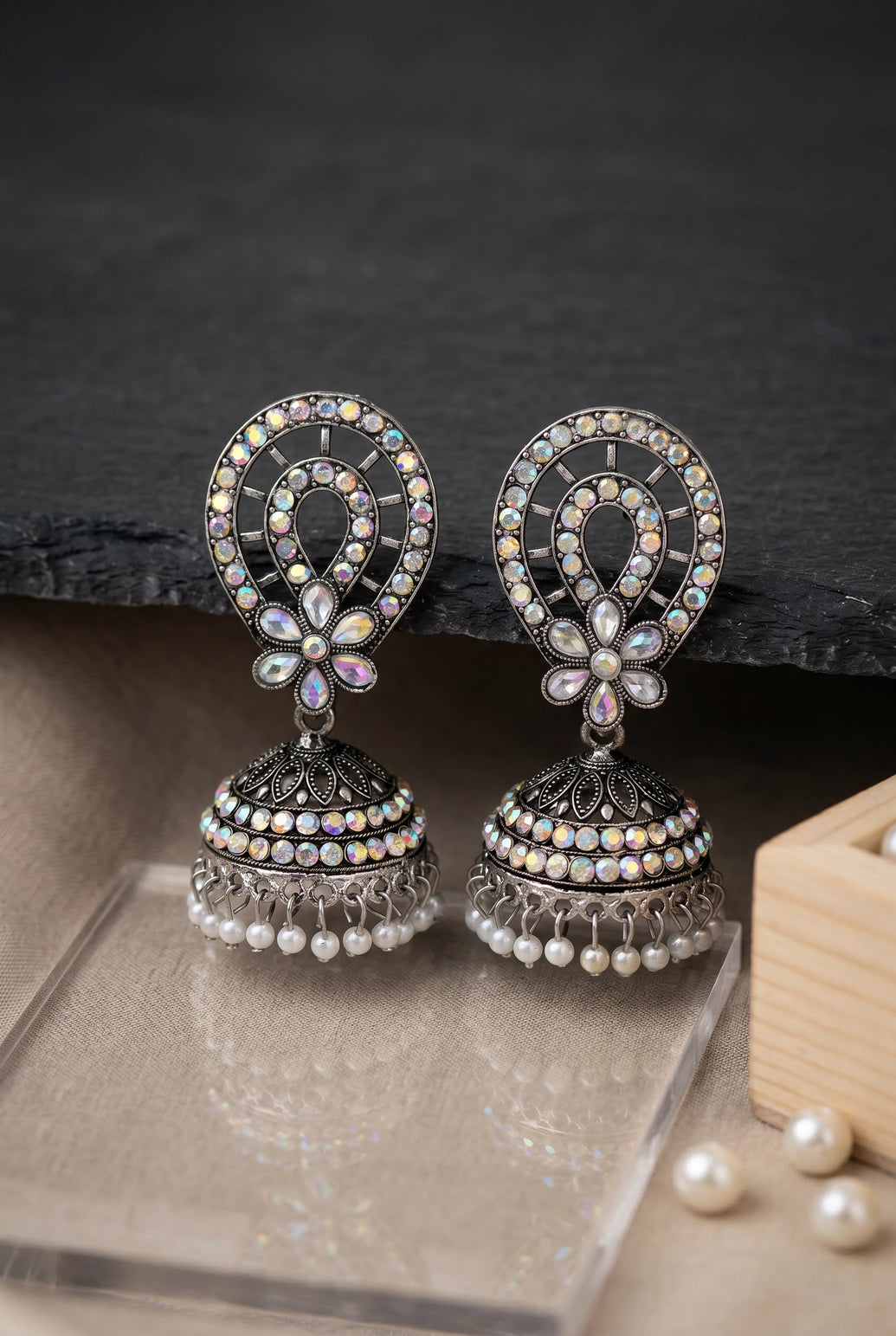Oxidized Black Silver Jhumka Earrings with Multicolor Stone & Pearl Drop, Teardrop Floral Design for Women